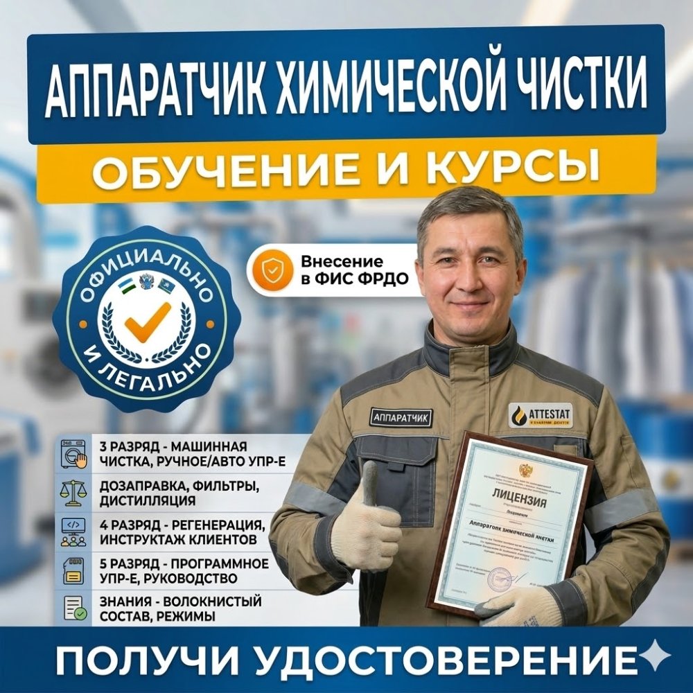 Получи удостоверение аппаратчика химической чистки в Уфе
