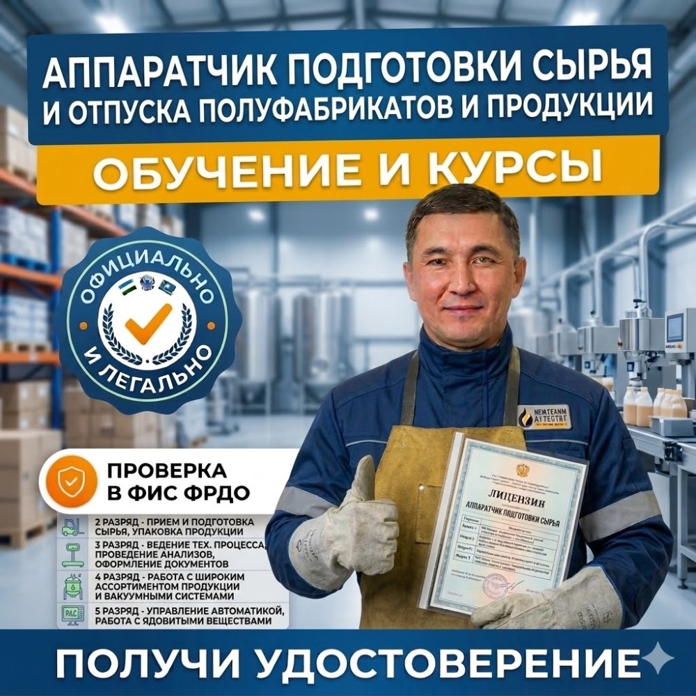 Получи удостоверение аппаратчика подготовки сырья и отпуска полуфабрикатов и продукции в Уфе