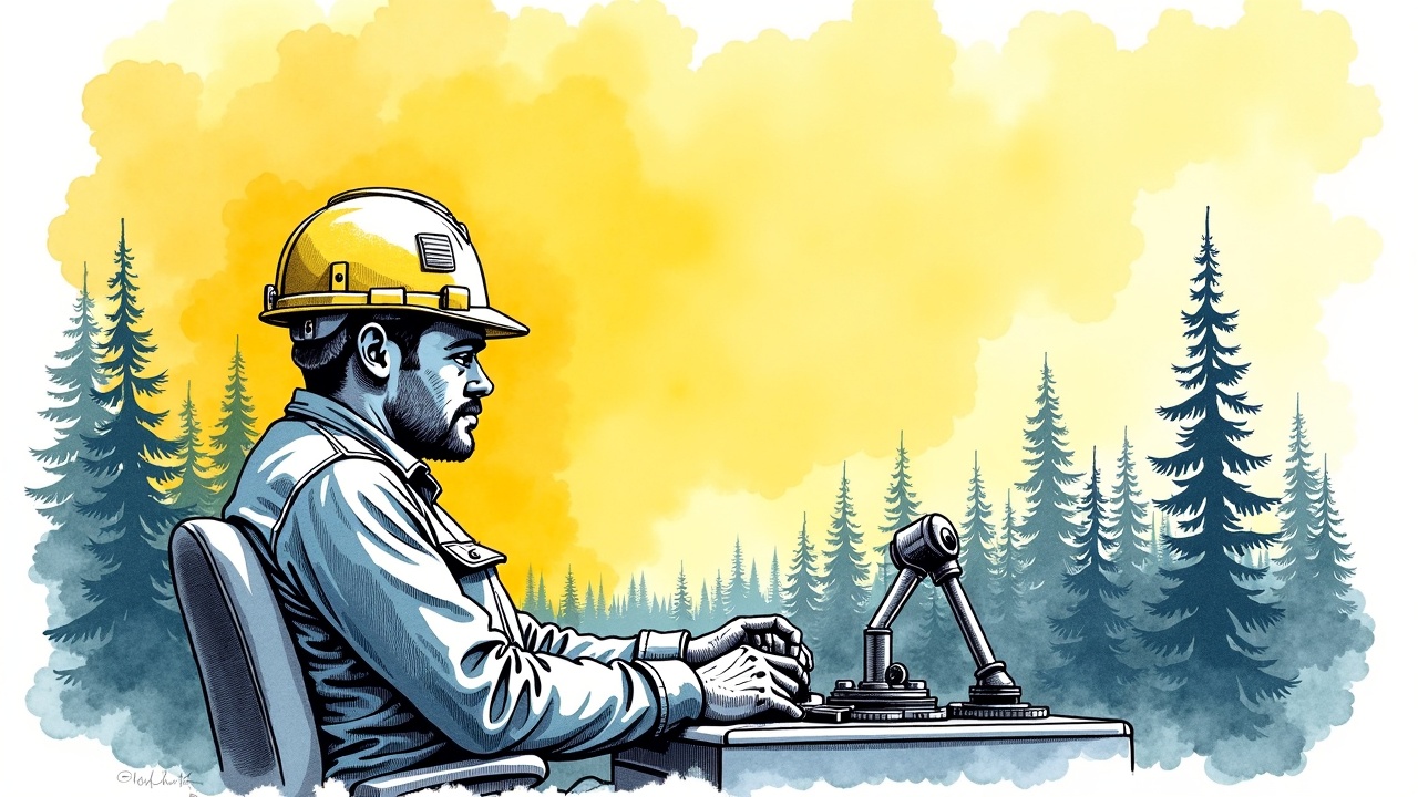 Машинист лесозаготовительной машины за работой в кабине харвестера