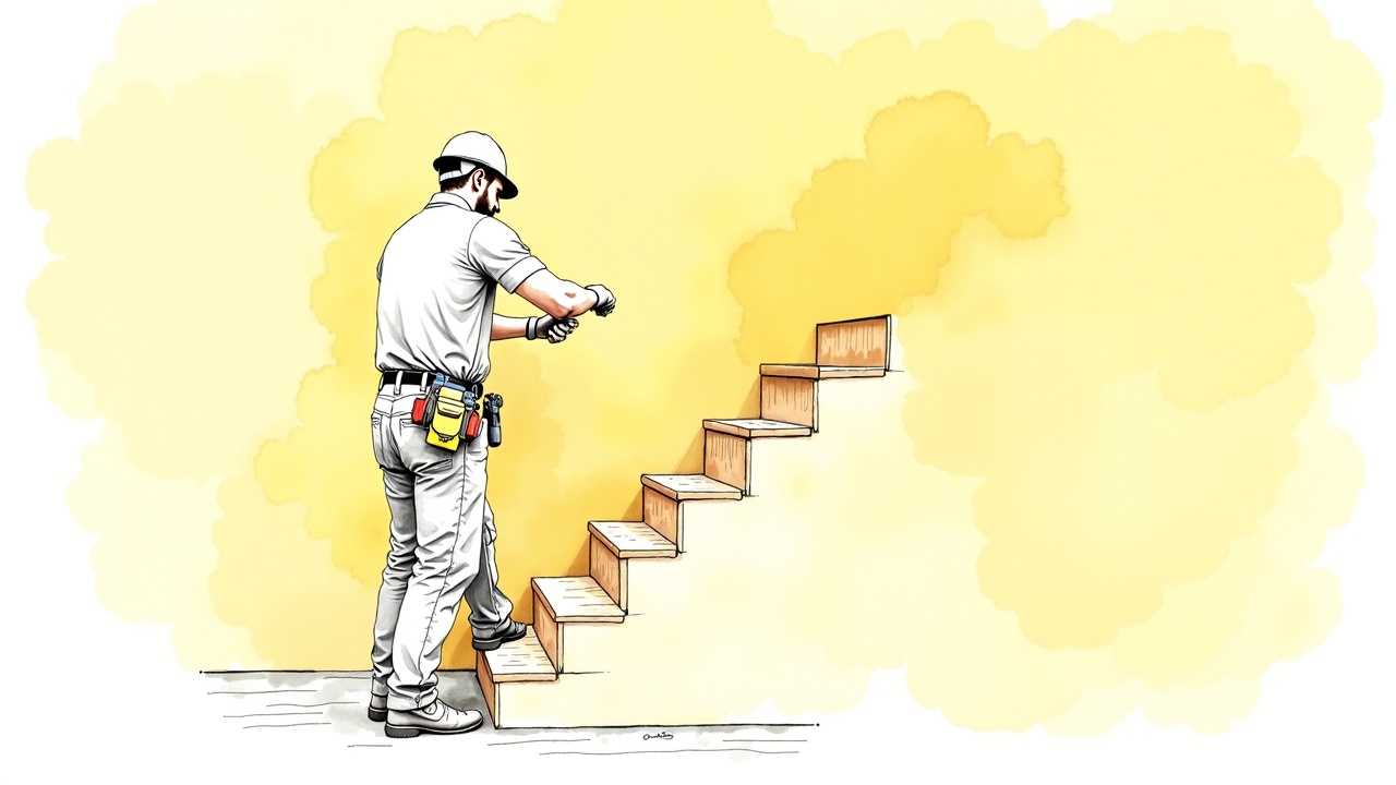 Столяр строительный выполняет точную подгонку и отделку деревянной лестницы