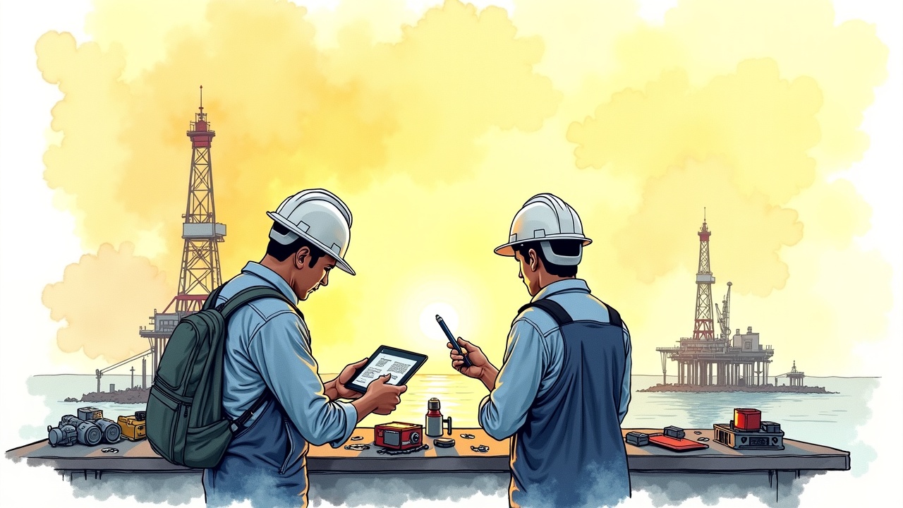 Геодезист и инженер обсуждают проект на нефтяном месторождении